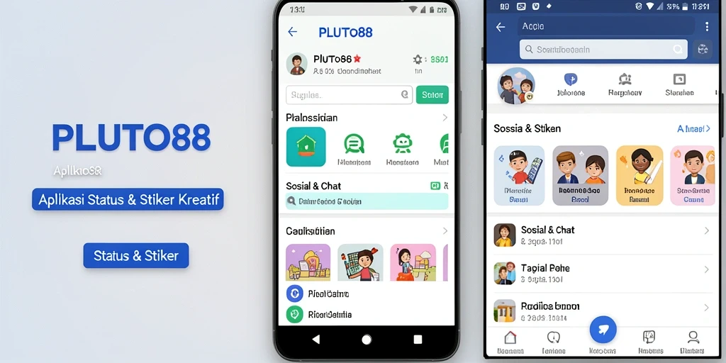 Tampilan antarmuka menarik dari aplikasi PLUTO88 untuk Status & Stiker.
